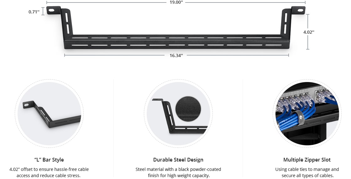 1U Horizontal Cable Lacing Bar with Angled 4” Offset, 5pcs/pack - FS