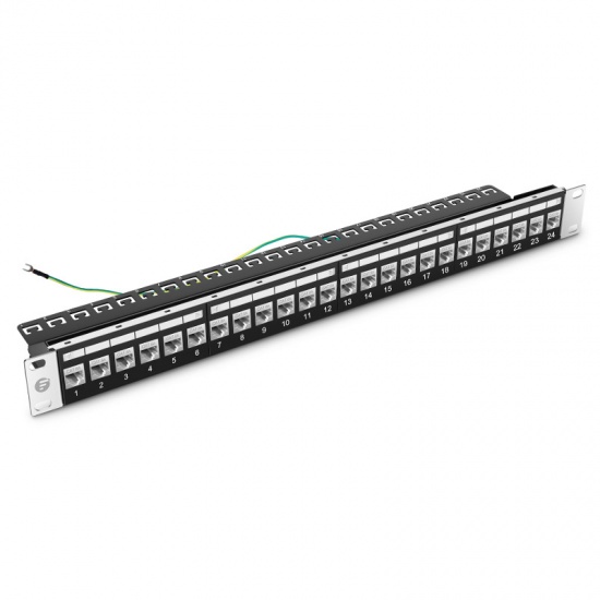 Cat6a Feed-Through Shielded Patch Panel with Back Bar, 1U 24-Port, Compatible with Cat5e, Cat6, Cat6a, Loaded with Keystones