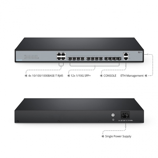 S3950-4T12S, switch Plus completamente administrable capa 2+ de 12 puertos Gigabit Ethernet, 4 x Gigabit RJ45, con 12 x enlaces ascendentes SFP+ 10Gb, compatible con MLAG