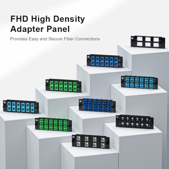Panel de adaptadores FHD, OS2/OM3/OM4, 12 x MTP® guía superior a guía inferior (negro), manga de cerámica