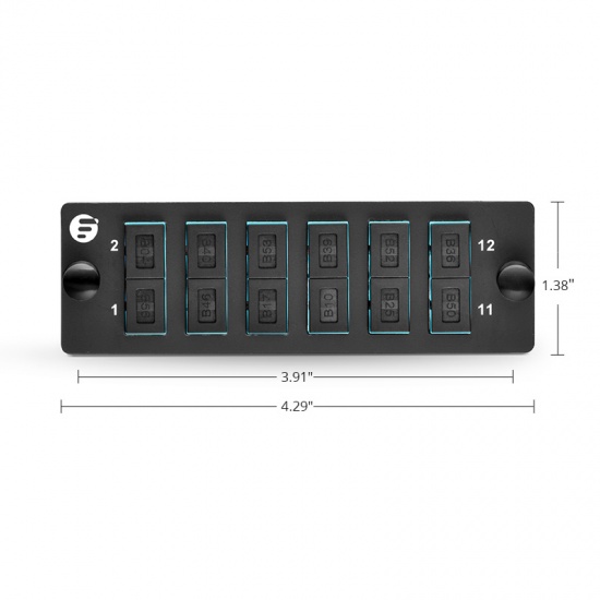 FHD Fiber Adapter Panel, 12 Fibers OM4 MultiMode, 6 x SC UPC Duplex (Aqua) Adapter, Ceramic Sleeve