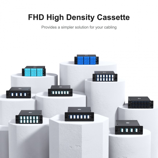 FHD MTP®-24 Cassette, 24 Fibers OS2 Single Mode, Type AF, MTP® to 12 x LC Duplex (Blue), 0.35dB max