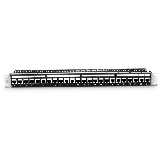 Cat6 Feed-Through Shielded Patch Panel with Back Bar, 1U 24-Port, Compatible with Cat5e, Cat6, Cat6a, Loaded with Keystones