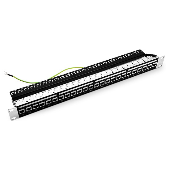 Cat6 Feed-Through Shielded Patch Panel with Back Bar, 1U 24-Port, Compatible with Cat5e, Cat6, Cat6a, Loaded with Keystones