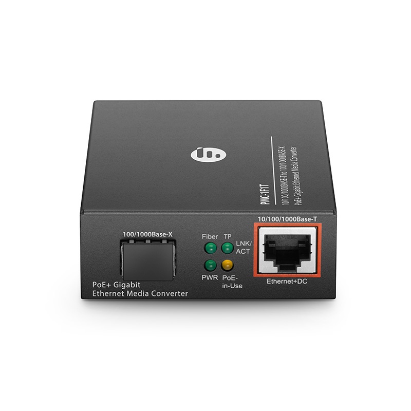 Eurostecker, Gigabit Ethernet PoE+ Medienkonverter, 1x 10/100/1000Base-T auf 1x 100/1000Base-X SFP