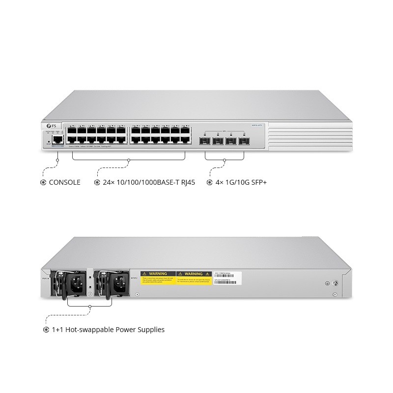 Switch Ethernet L2+ Empilable, 24 Ports RJ45 Gigabit, avec 4 Uplinks SFP+ 10Gb, Puce Broadcom, S3910-24TS