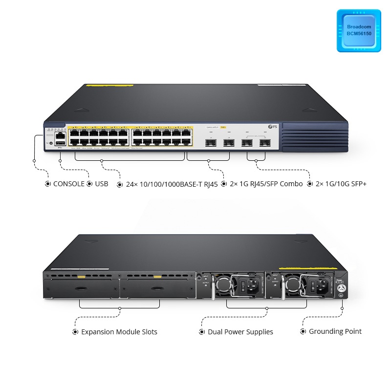 Switch Entièrement Manageable Ethernet Pro PoE+ 24 Ports Gigabit, 24 Ports PoE+ @740W, 2 Uplinks SFP+ 10Gb et 2 Ports Combo SFP, Puce Broadcom, S3410-24TS-P