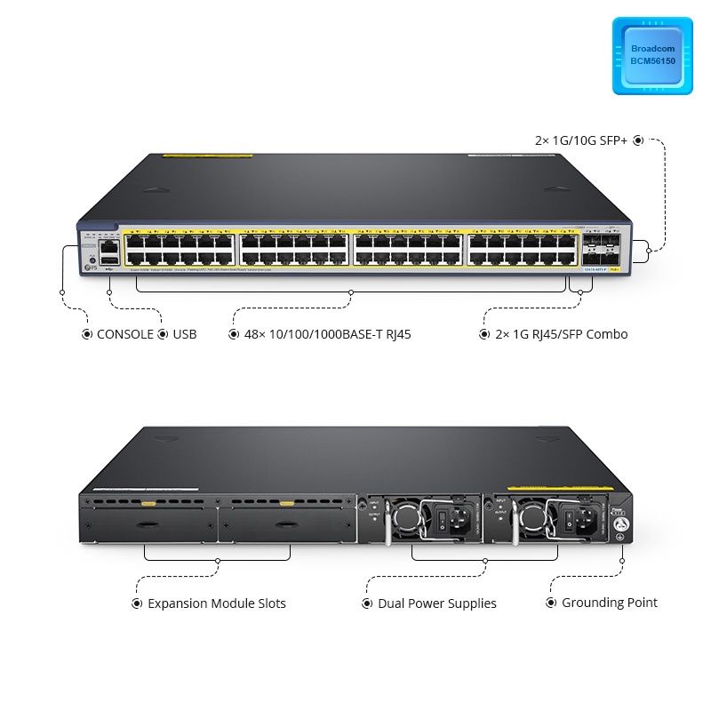 S3410-48TS-P, switch Gigabit Ethernet capa 2+ PoE+ de 48 puertos @740 W, con 2 enlaces ascendentes SFP+ de 10Gb y 2 puertos SFP combinados, chip Broadcom