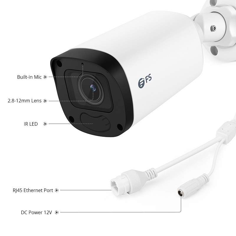IPC204-2M-B - Full HD 2MP Bullet-Netzwerkkamera mit integriertem Mikrofon, Outdoor/Indoor PoE IP-Kamera mit Varifokal-Objektiv 2,8-12mm