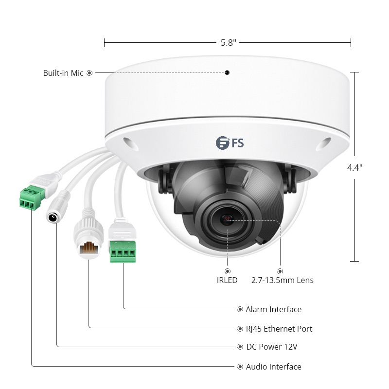 IPC305-5M-D – Super HD 5MP Dome-Netzwerkkamera mit integriertem Mikrofon, Outdoor/Indoor PoE IP-Kamera mit Varifocal-Objektiv 2,7-13,5mm
