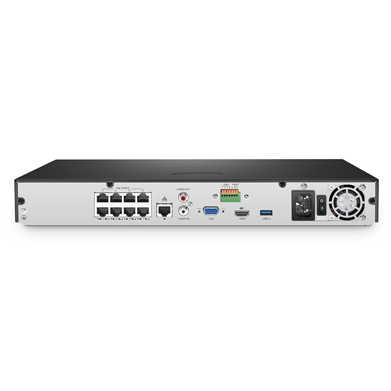 NVR202-8C-8P, 8-Channel 8-Port PoE Network Video Recorder, Record 8CH 4K@30fps, Live View/Playback 2CH 4K@30fps, Pre-Installed 4TB Hard Drive