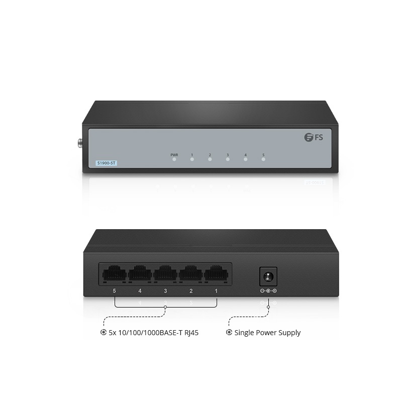 Switch no administrable SOHO de 5 puertos gigabit ethernet, S1900-5T, metal, sin ventilador escritorio o montaje en pared