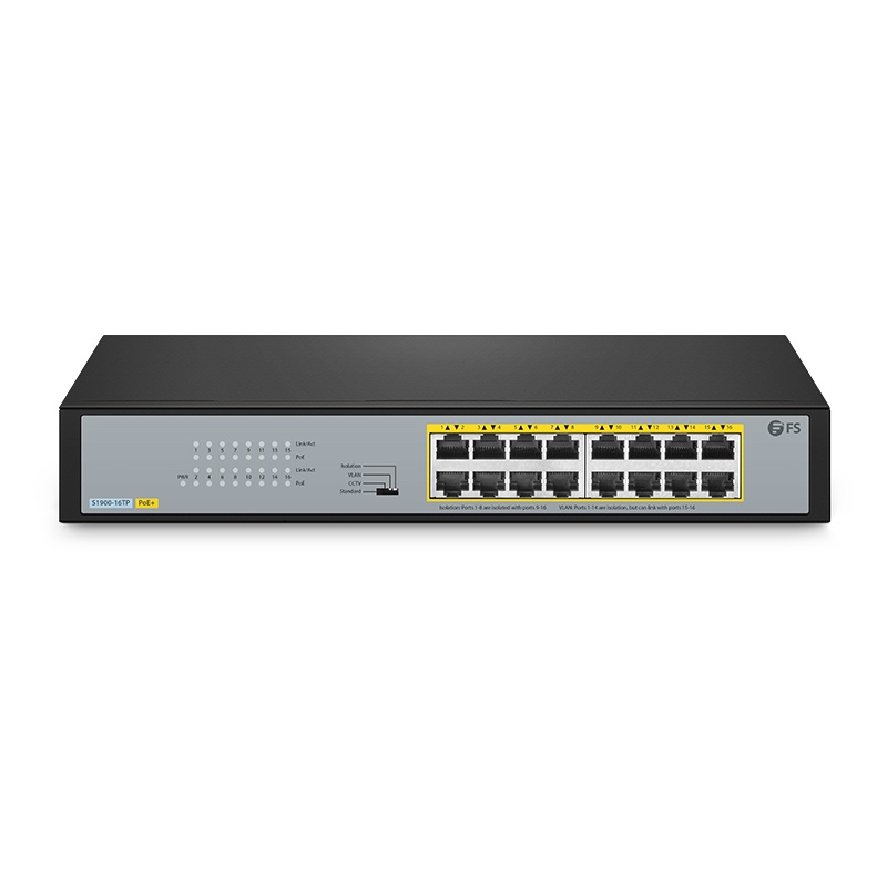 S1900-16TP, 16-Port Gigabit Ethernet L2 Unmanaged PoE+ Switch, 16 x PoE+ Ports@135W, Metal, Fanless, Desktop/Rackmount