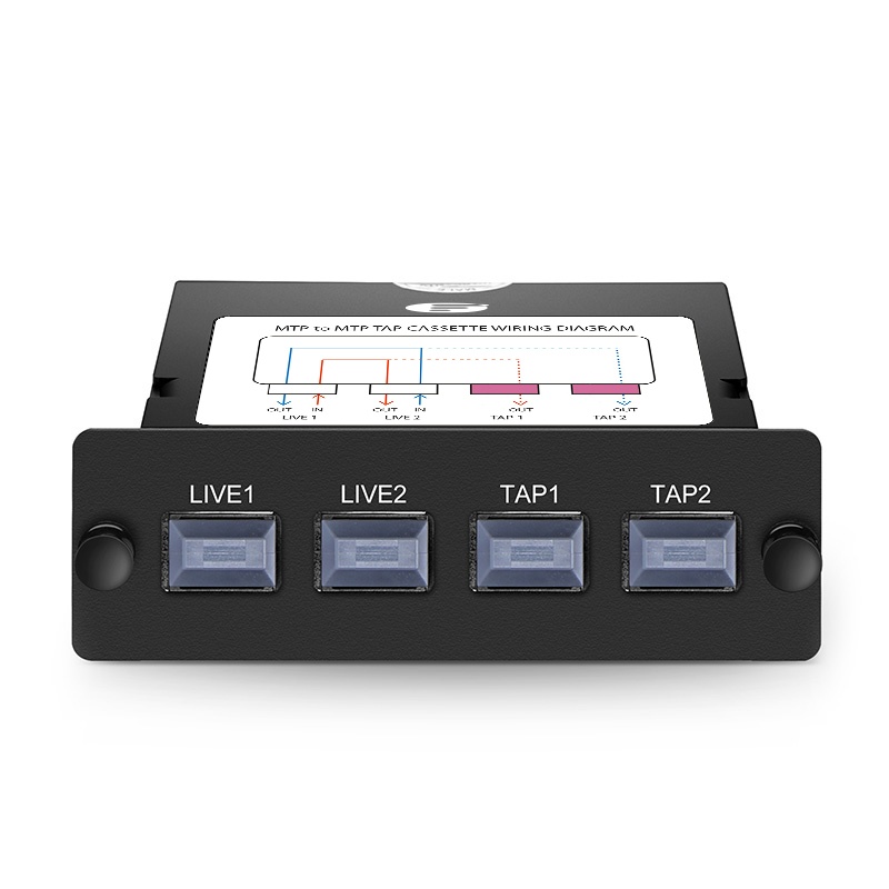 FHD Fiber TAP Cassette, OM4 Multimode, 2 x MTP®-12 Male Live Ports, 2 x MTP®-12 Male TAP Ports, 50/50 Split Ratio (Live/TAP), 40/100G