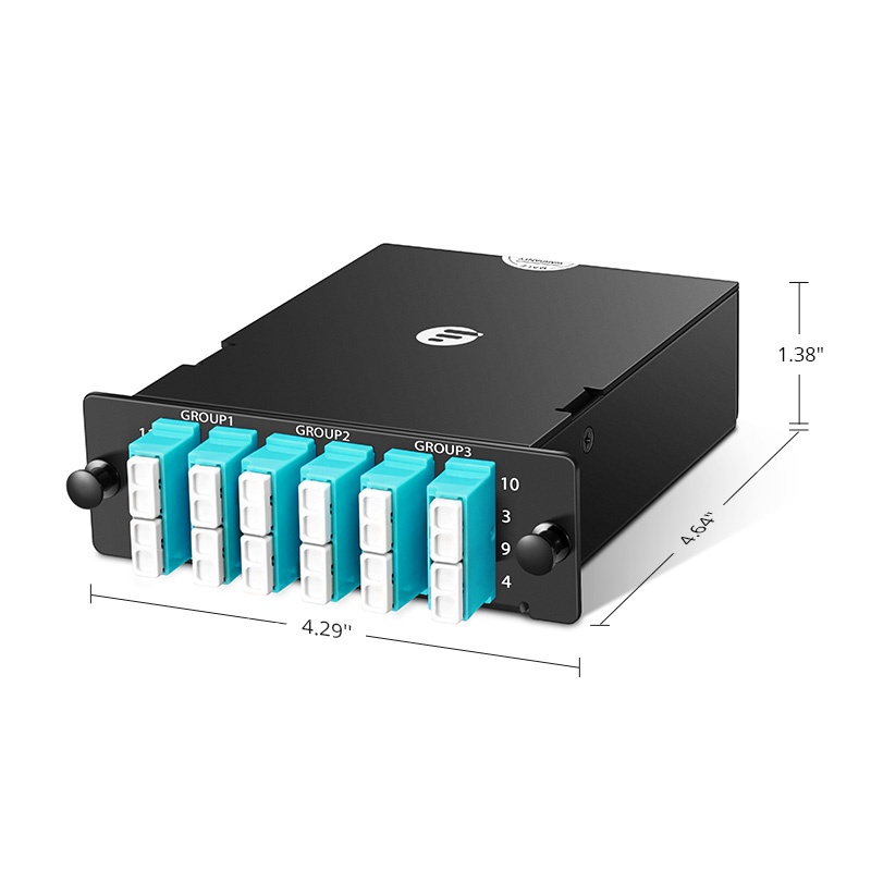 Оптическая кассета 3 x MTP®-8, 24 волокна OM4 MM, универсальная поляризация, 3 x 8F MTP® – 6 x LC Quad (аквамариновый), макс. 0.35 дБ
