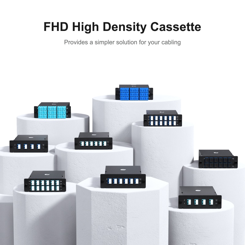 Cassette FHD MTP®-8, 8 fibras OS2 monomodo, polaridad universal, MTP® a 4 x LC dúplex (azul), máx. 0.35dB