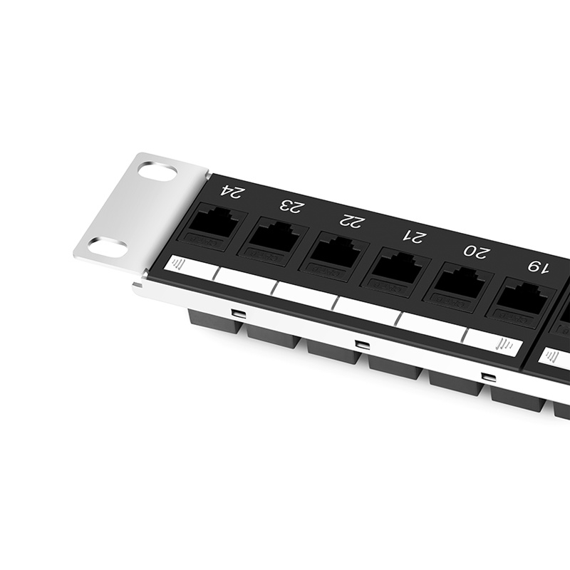 Cat6 Feed-Through Unshielded Patch Panel with Back Bar, 1U 24-Port, Compatible with Cat5e, Cat6, Cat6a, Loaded with Keystones