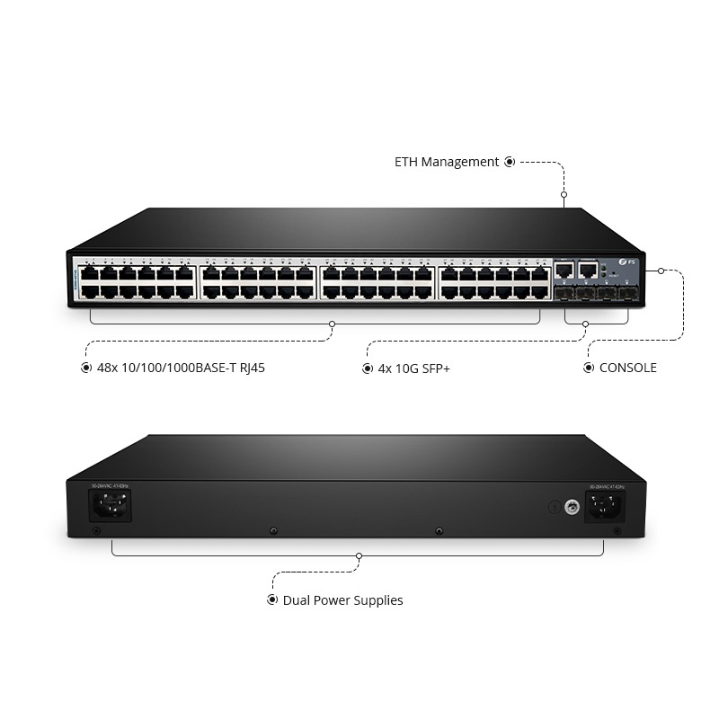S3900-48T4S, 48-Port Gigabit Ethernet L2+ Fully Managed Switch, 48 x Gigabit RJ45, with 4 x 10Gb SFP+ Uplinks, Stackable Switch, Broadcom Chip