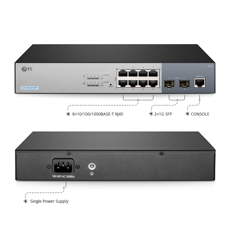 S3150-8T2FP, switch Gigabit Ethernet capa 2+ PoE+ de 8 puertos @130W, con 2 SFP de 1Gb, sin ventilador