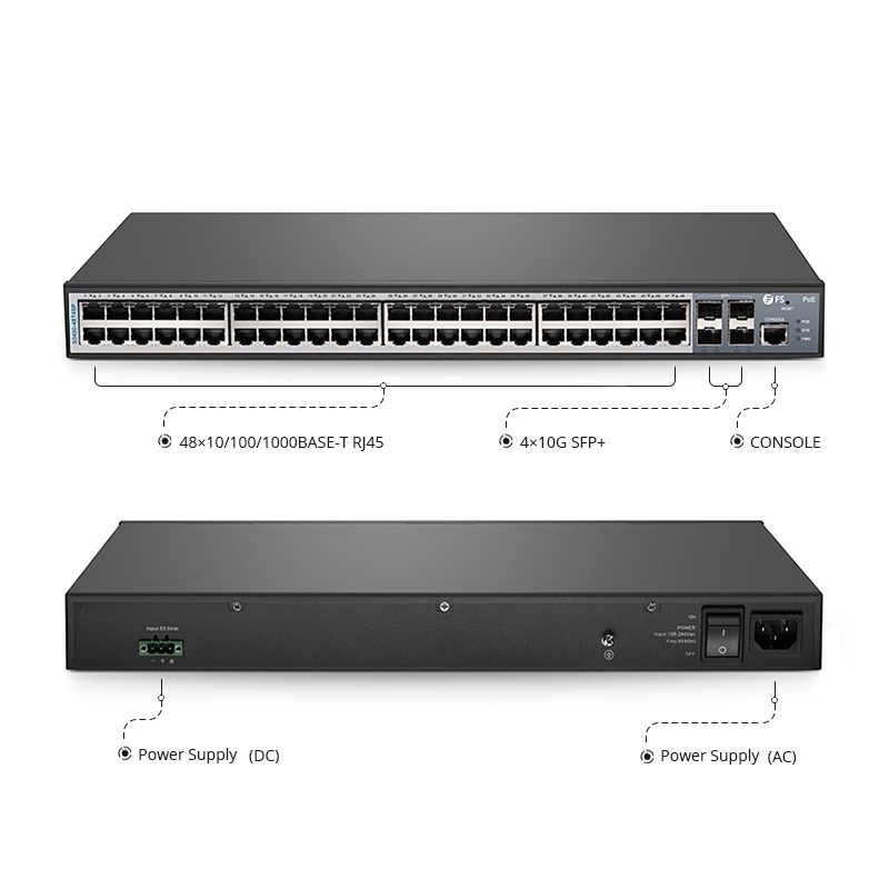 S3400-48T4SP, 48-Port Gigabit Ethernet L2+ PoE+ Switch, 48 x PoE+ Ports @370W, with 4 x 10Gb SFP+ Uplinks, AC+DC Power Supplies