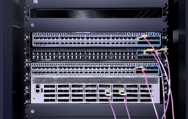This illustration shows that a FS data center rack that houses switches and servers, and plugs in optical modules and cables.